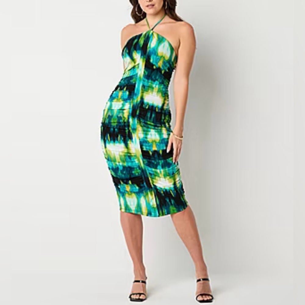 BOLD Elements Strapless Ruching BodyCon Womens Dress Large Green/Blue Tie Dye
